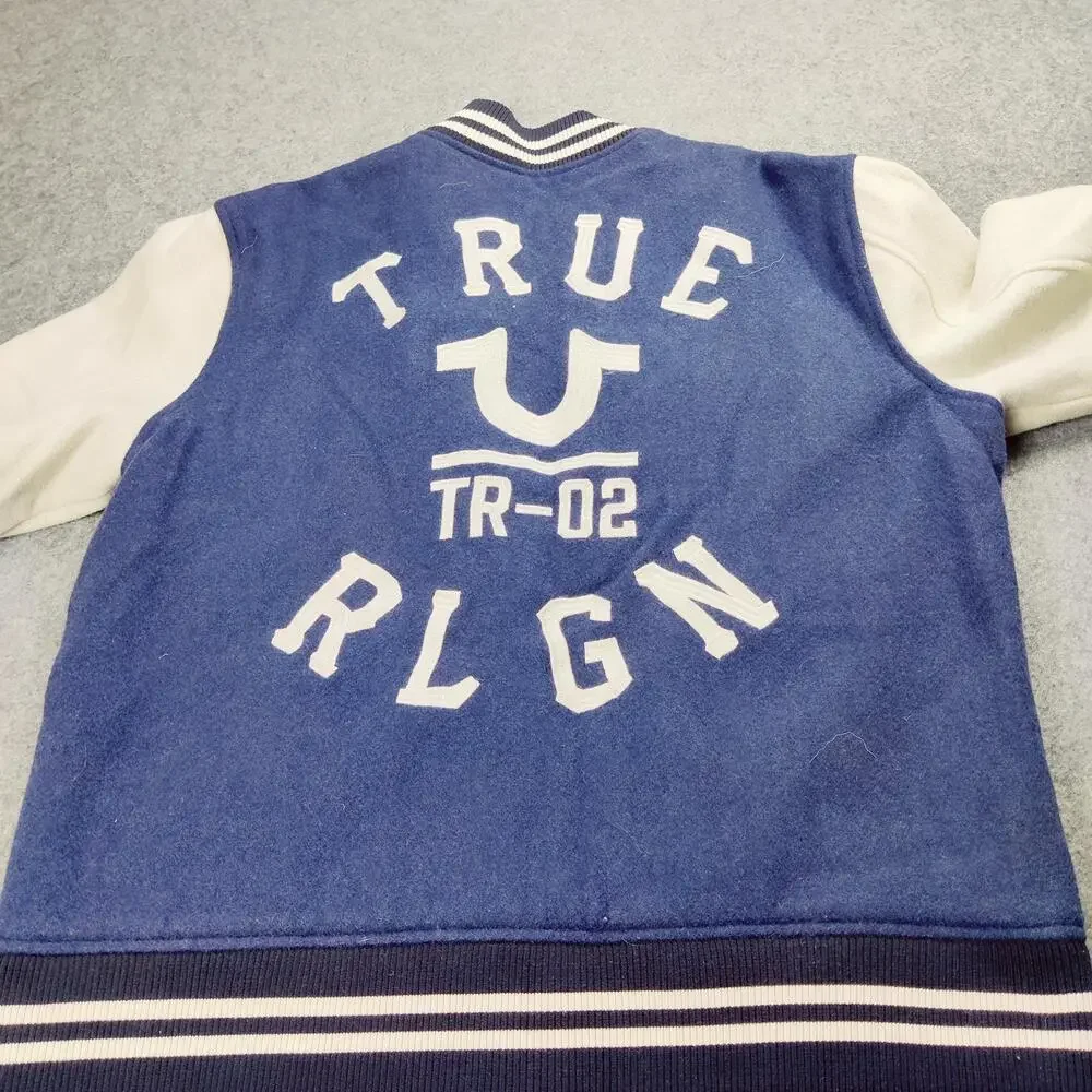 True Religion Jacket Mens XL Blue Cream Varsity Letterman Wool Blend Snap Front